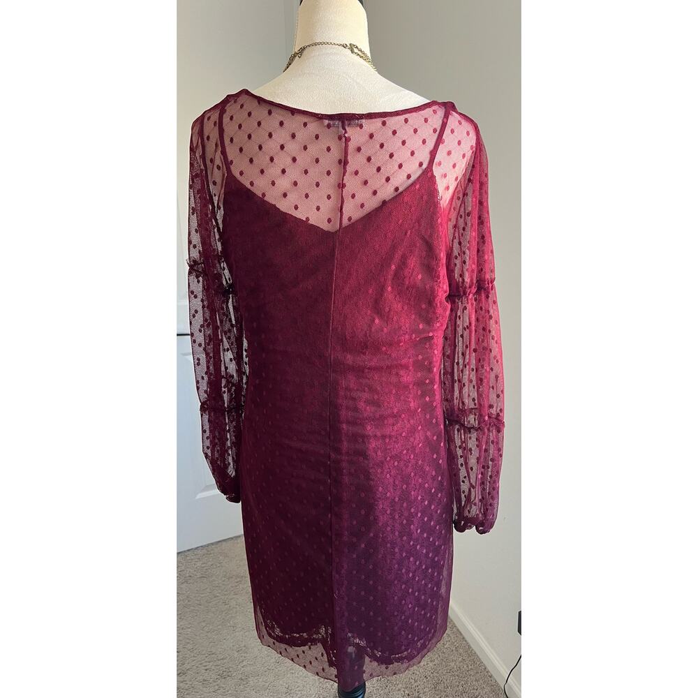 Charlotte Russe Lace Sheath and Polka Dot Mesh Wine Maroon Long Sleeve Dress L‎ - Picture 7 of 13
